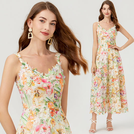 CM-DY010256 Women Elegant European Style Hollow Lace Embroidery Strap Long Dress