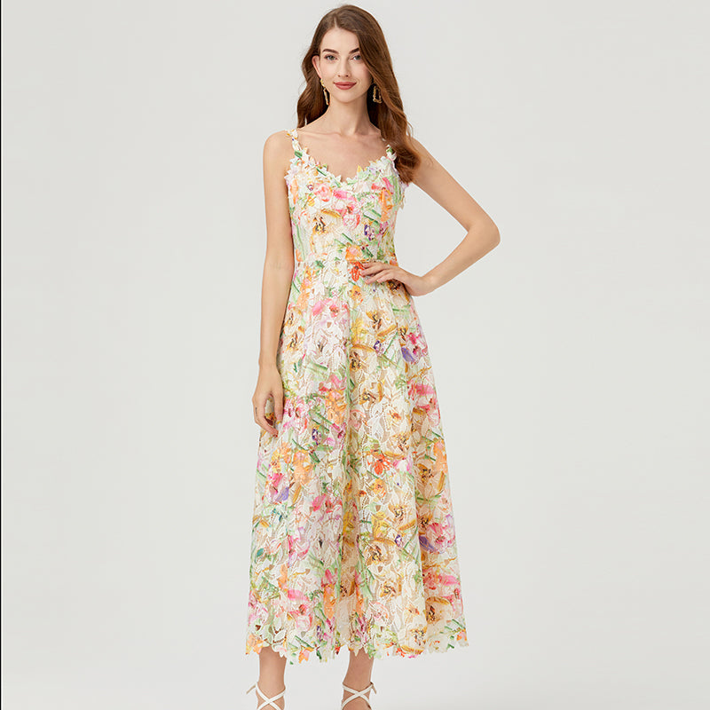CM-DY010256 Women Elegant European Style Hollow Lace Embroidery Strap Long Dress
