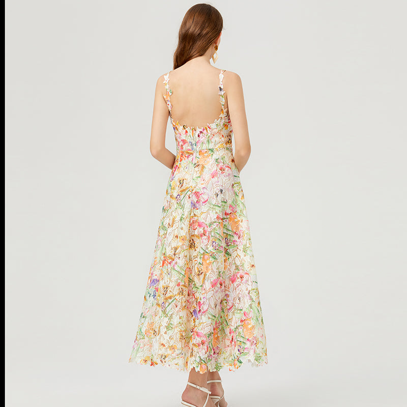 CM-DY010256 Women Elegant European Style Hollow Lace Embroidery Strap Long Dress