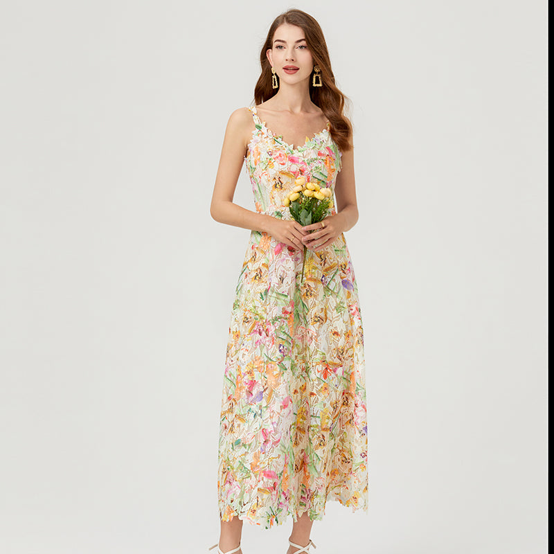 CM-DY010256 Women Elegant European Style Hollow Lace Embroidery Strap Long Dress