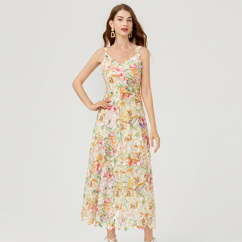 CM-DY010256 Women Elegant European Style Hollow Lace Embroidery Strap Long Dress