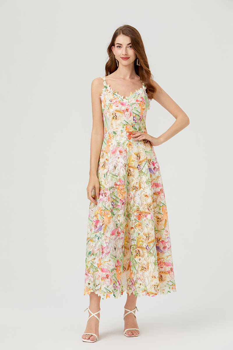 CM-DY010256 Women Elegant European Style Hollow Lace Embroidery Strap Long Dress