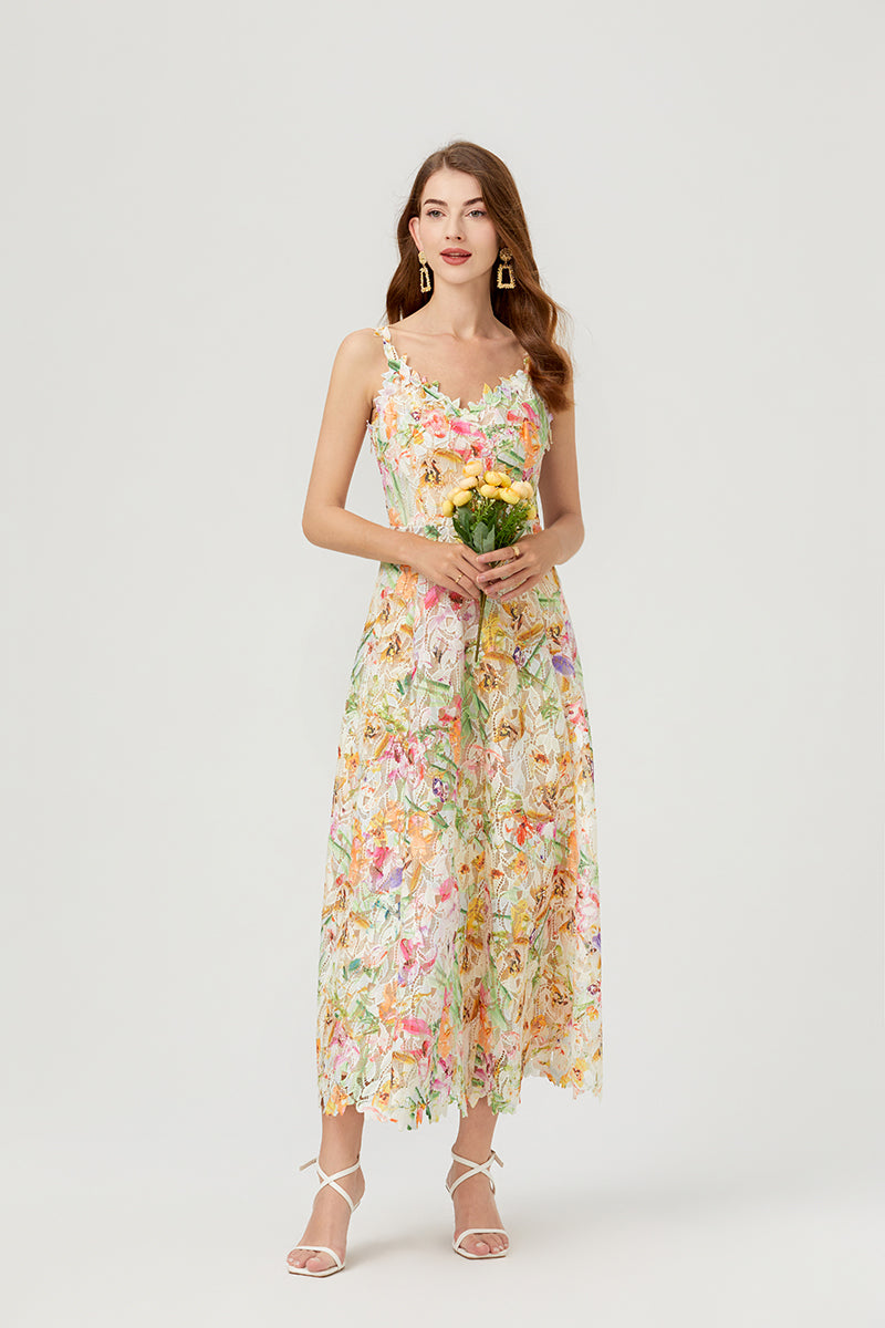 CM-DY010256 Women Elegant European Style Hollow Lace Embroidery Strap Long Dress