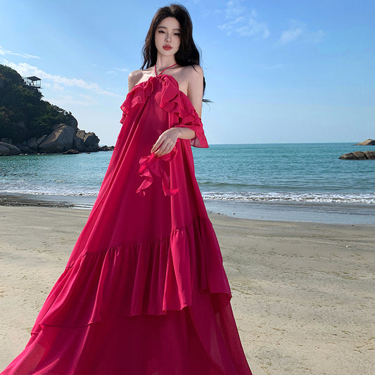 CM-DY010263 Women Trendy Bohemian Style Sling Off the Shoulder Halter Maxi Dress