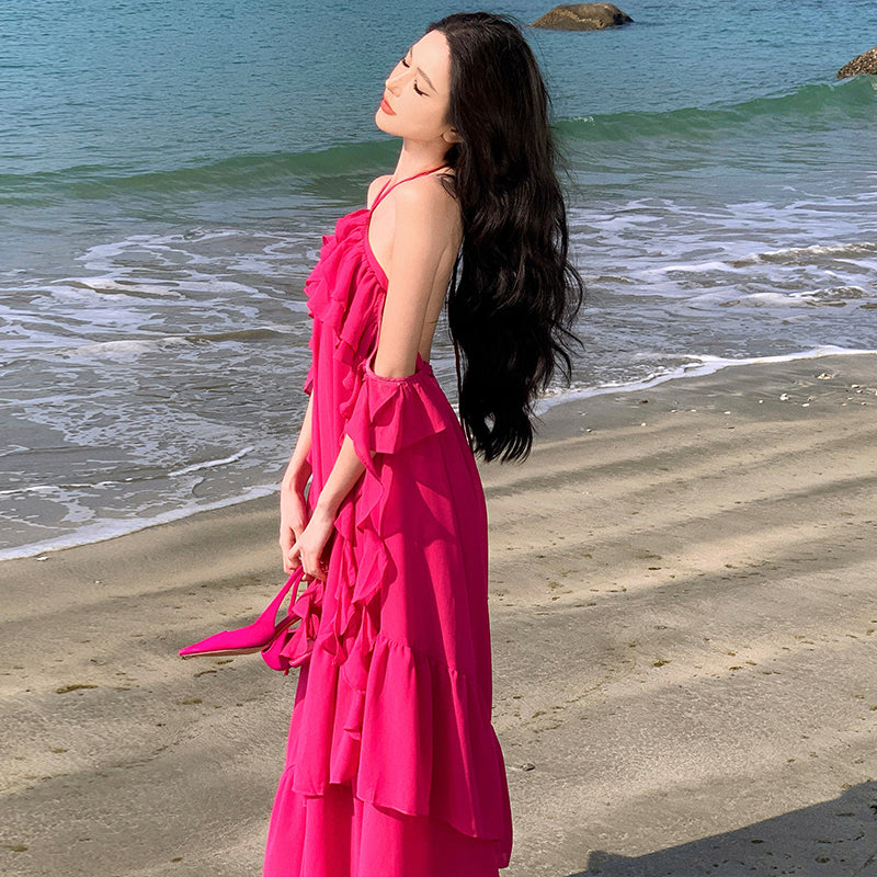CM-DY010263 Women Trendy Bohemian Style Sling Off the Shoulder Halter Maxi Dress