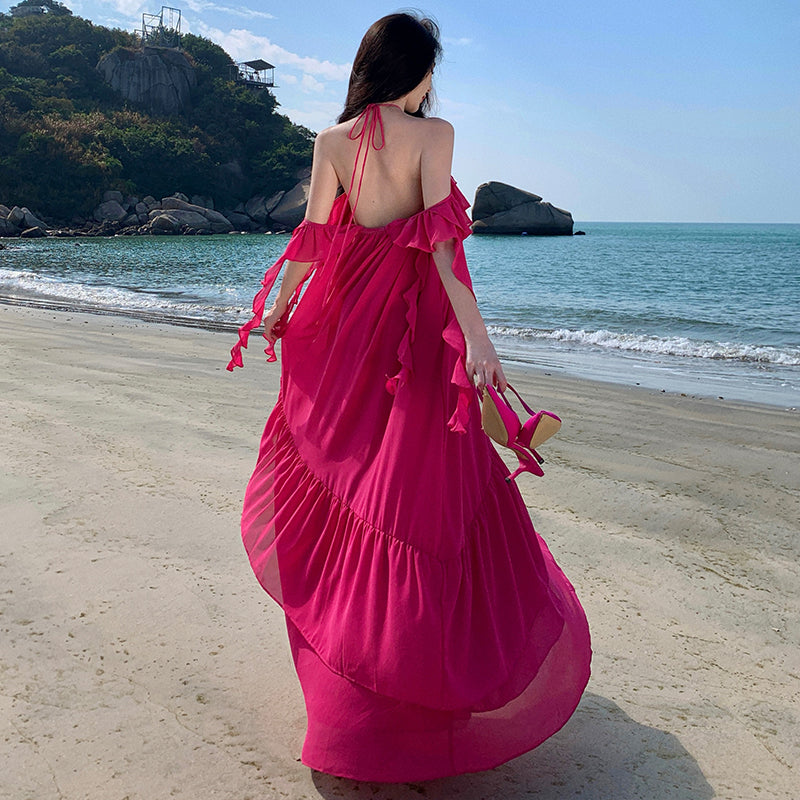 CM-DY010263 Women Trendy Bohemian Style Sling Off the Shoulder Halter Maxi Dress