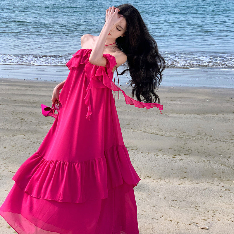 CM-DY010263 Women Trendy Bohemian Style Sling Off the Shoulder Halter Maxi Dress