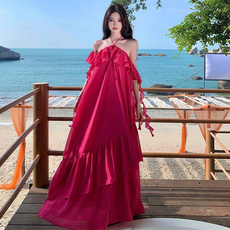 CM-DY010263 Women Trendy Bohemian Style Sling Off the Shoulder Halter Maxi Dress