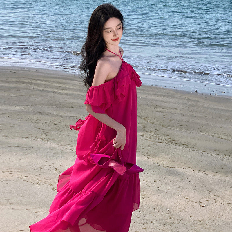 CM-DY010263 Women Trendy Bohemian Style Sling Off the Shoulder Halter Maxi Dress