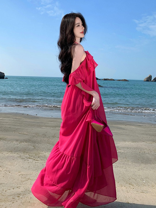 CM-DY010263 Women Trendy Bohemian Style Sling Off the Shoulder Halter Maxi Dress