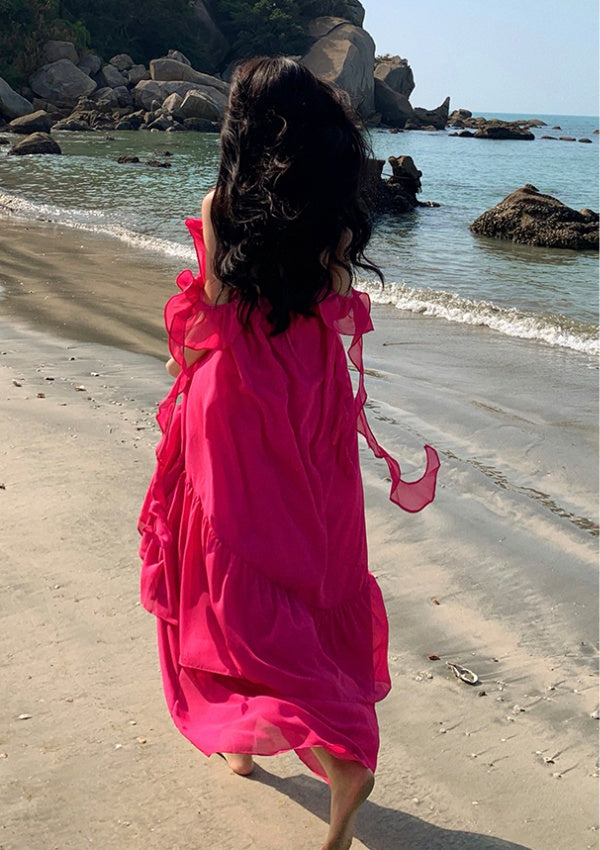 CM-DY010263 Women Trendy Bohemian Style Sling Off the Shoulder Halter Maxi Dress
