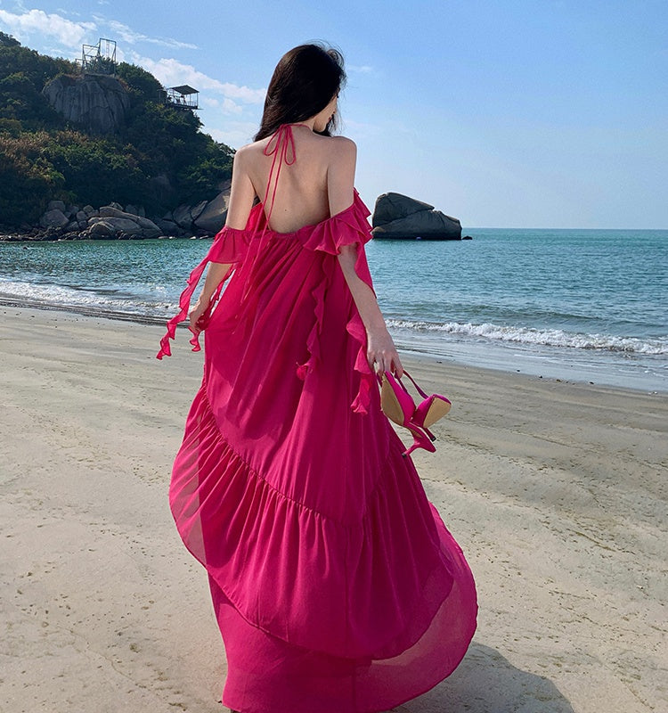 CM-DY010263 Women Trendy Bohemian Style Sling Off the Shoulder Halter Maxi Dress