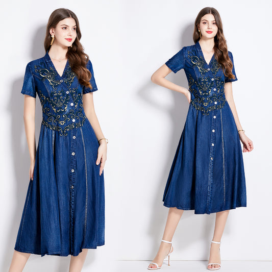 CM-DY010382 Women Retro European Style V-Neck Short Sleeve Embroidery Denim Dress - Blue