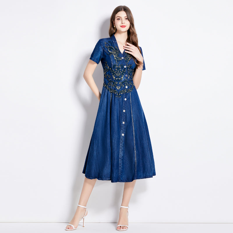 CM-DY010382 Women Retro European Style V-Neck Short Sleeve Embroidery Denim Dress - Blue
