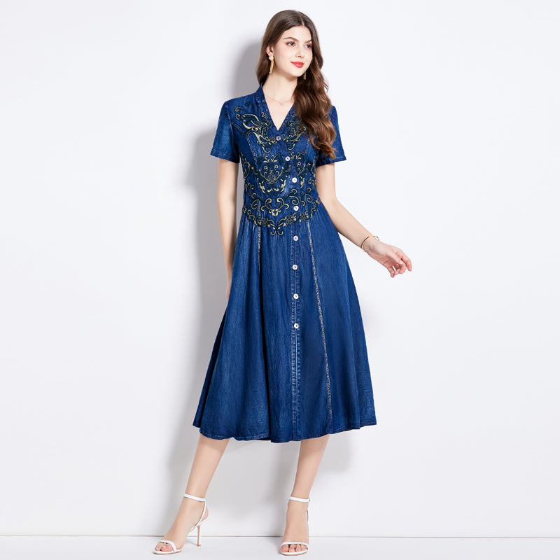 CM-DY010382 Women Retro European Style V-Neck Short Sleeve Embroidery Denim Dress - Blue
