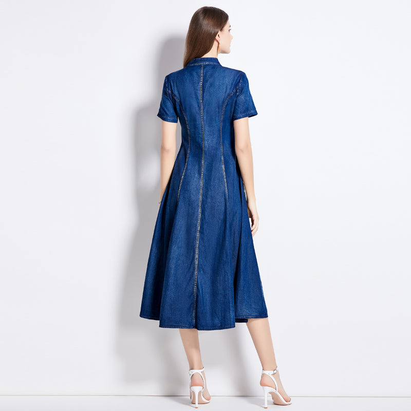 CM-DY010382 Women Retro European Style V-Neck Short Sleeve Embroidery Denim Dress - Blue