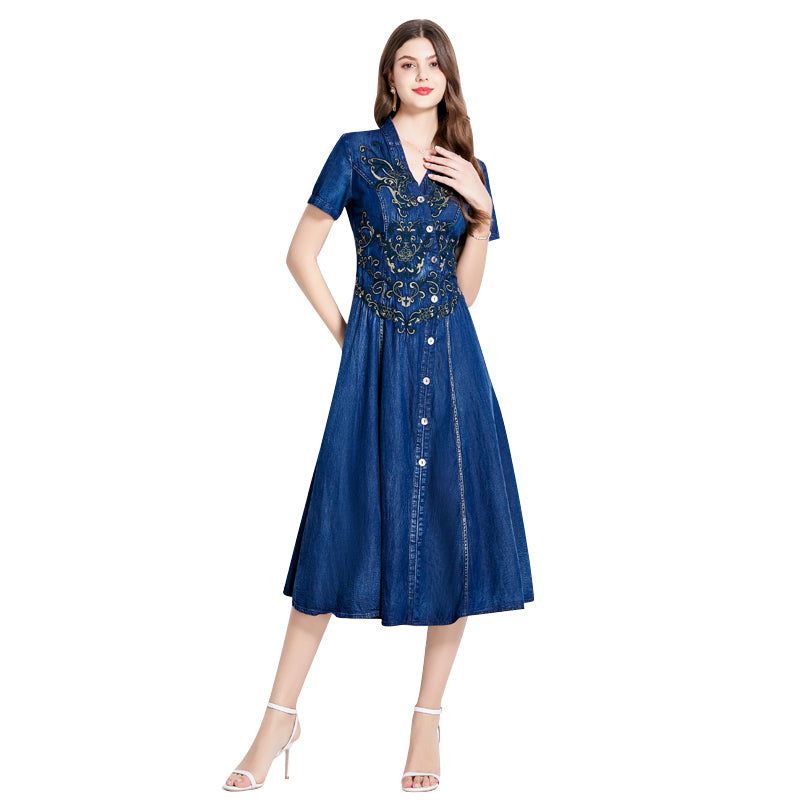 CM-DY010382 Women Retro European Style V-Neck Short Sleeve Embroidery Denim Dress - Blue