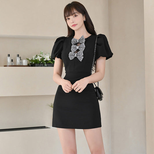 CM-DY010872 Women Elegant Seoul Style Bow Round Neck Short Sleeve Slim Mini Dress - Black