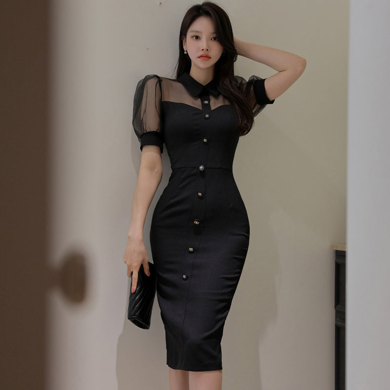 CM-DY010873 Women Elegant Seoul Style Collar Neckline Short Sleeve Slim Dress (Available in 2 colors)