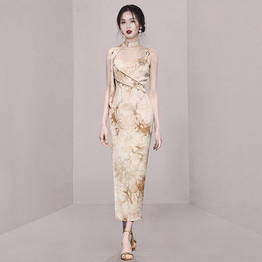 CM-DY010879 Women Elegant European Style Spaghetti Strap Sleeveless Slit Dress