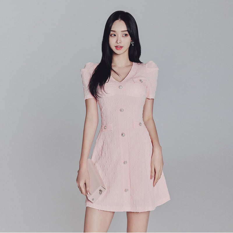 CM-DY010966 Women Elegant Seoul Style V-Neck Short Sleeve Slim Mini Dress - Pink