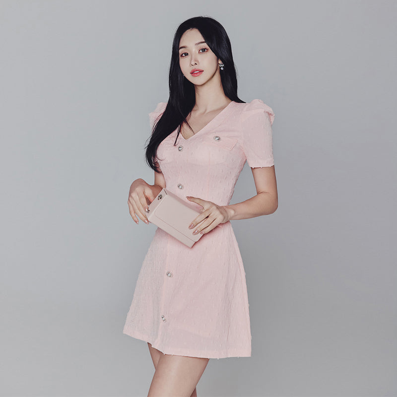CM-DY010966 Women Elegant Seoul Style V-Neck Short Sleeve Slim Mini Dress - Pink