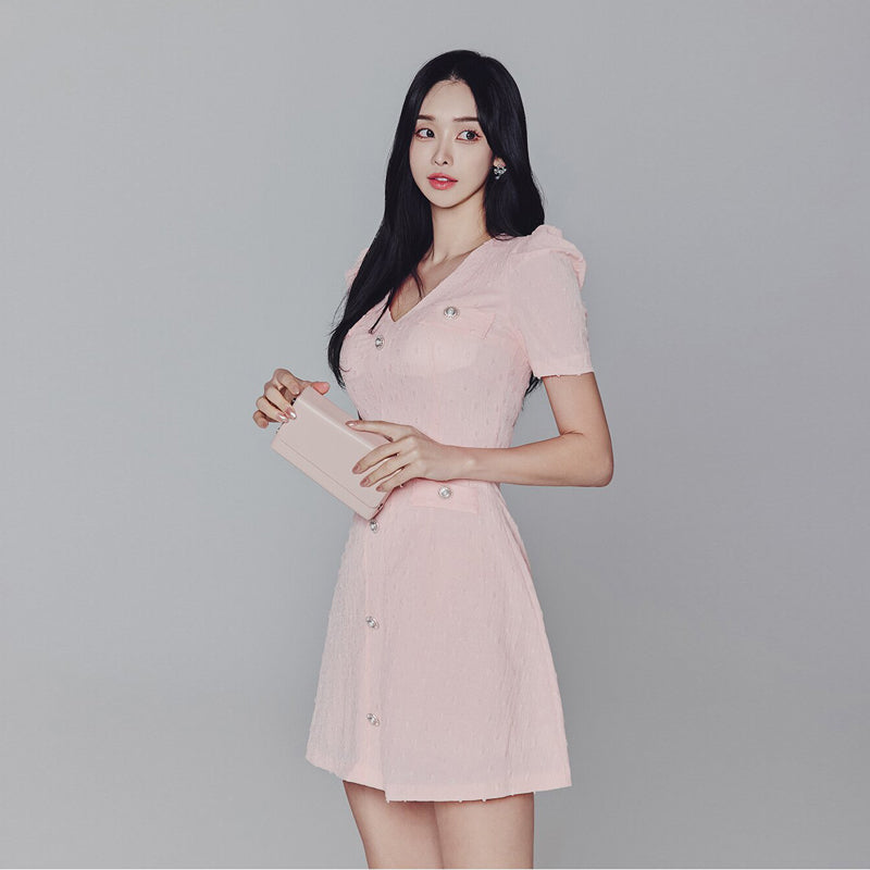 CM-DY010966 Women Elegant Seoul Style V-Neck Short Sleeve Slim Mini Dress - Pink