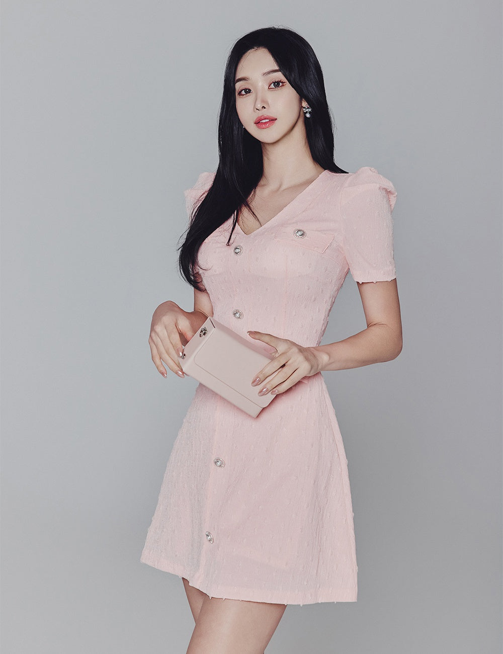 CM-DY010966 Women Elegant Seoul Style V-Neck Short Sleeve Slim Mini Dress - Pink