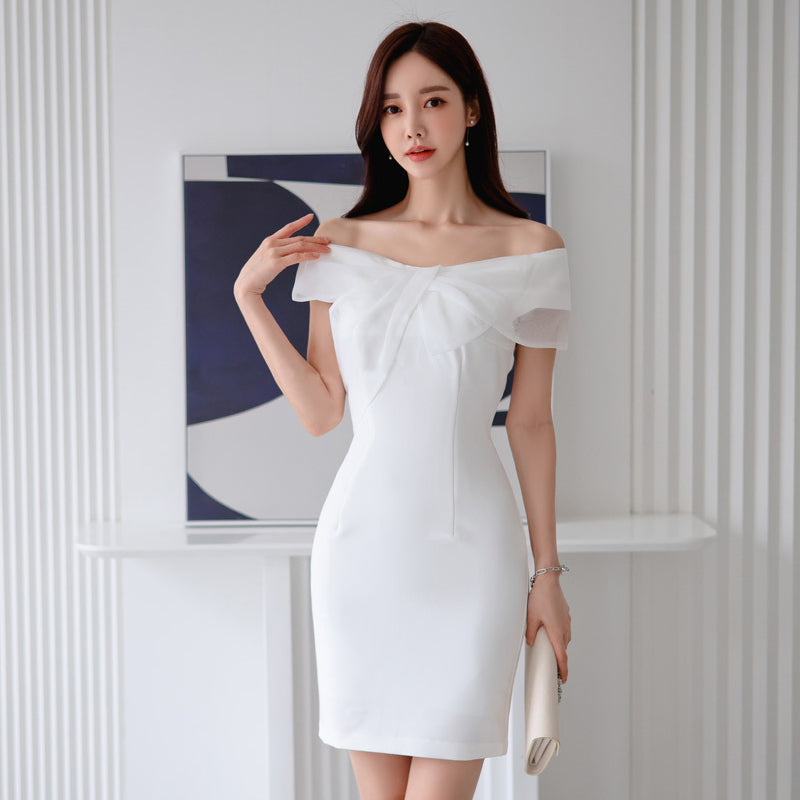 CM-DY010969 Women Elegant Seoul Style Strapless Short Sleeve Mini Dress - White