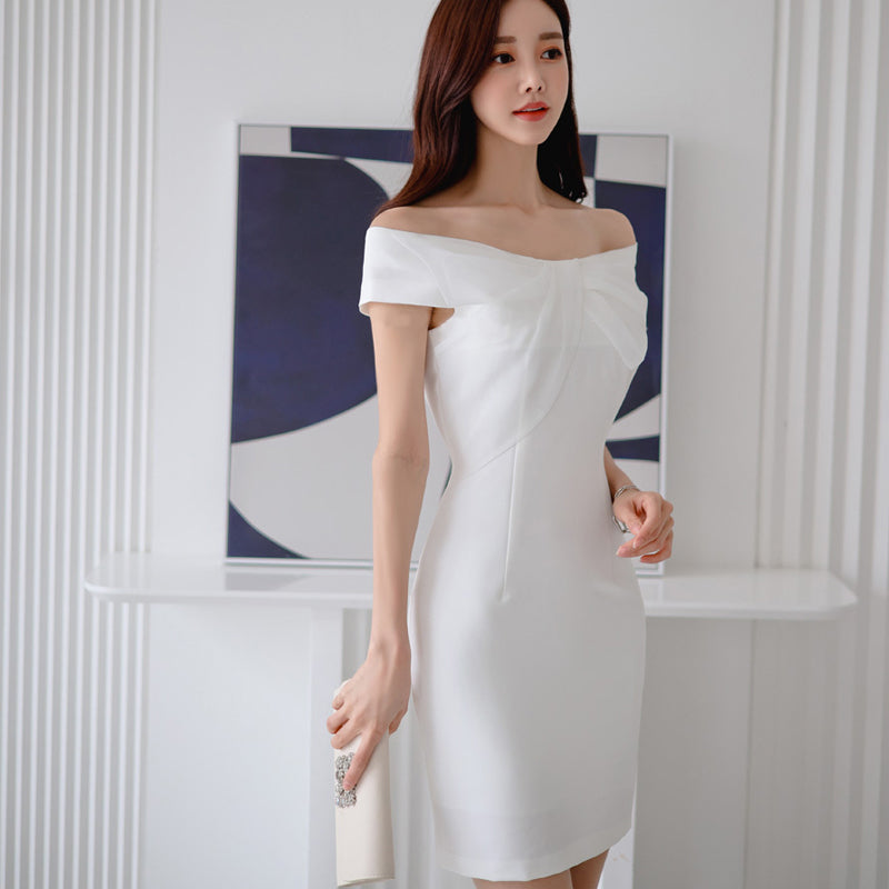CM-DY010969 Women Elegant Seoul Style Strapless Short Sleeve Mini Dress - White