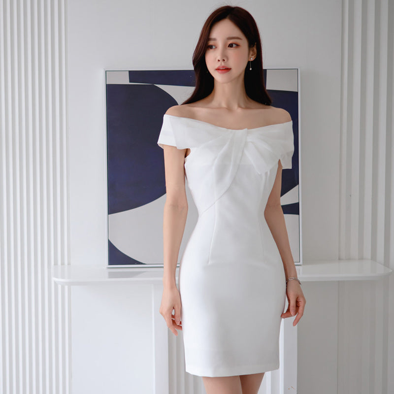 CM-DY010969 Women Elegant Seoul Style Strapless Short Sleeve Mini Dress - White