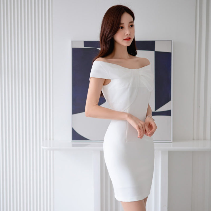 CM-DY010969 Women Elegant Seoul Style Strapless Short Sleeve Mini Dress - White