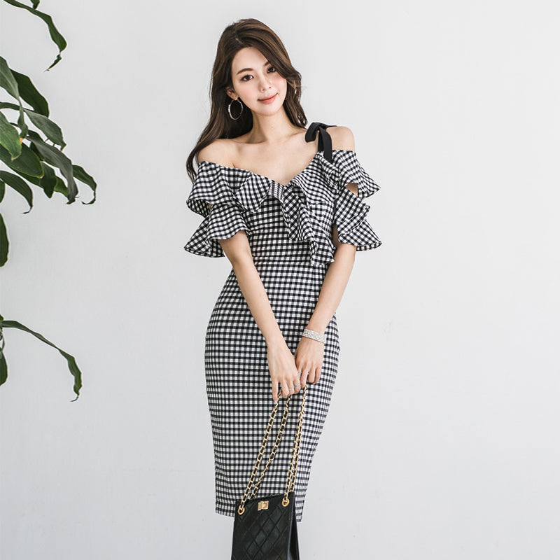 CM-DY010970 Women Elegant Seoul Style V-Neck Off the Shoulder Short Sleeve Midi Dress