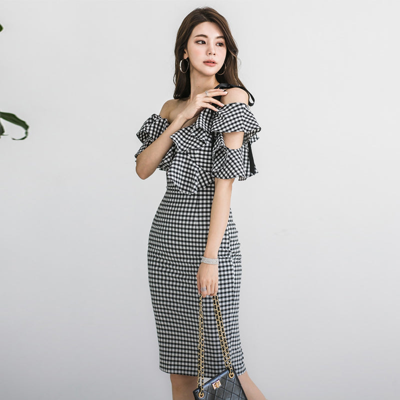 CM-DY010970 Women Elegant Seoul Style V-Neck Off the Shoulder Short Sleeve Midi Dress