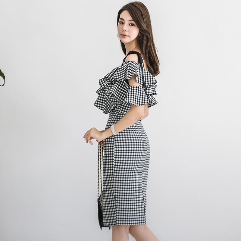 CM-DY010970 Women Elegant Seoul Style V-Neck Off the Shoulder Short Sleeve Midi Dress