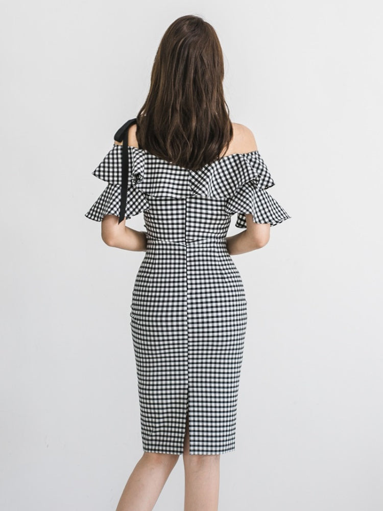 CM-DY010970 Women Elegant Seoul Style V-Neck Off the Shoulder Short Sleeve Midi Dress