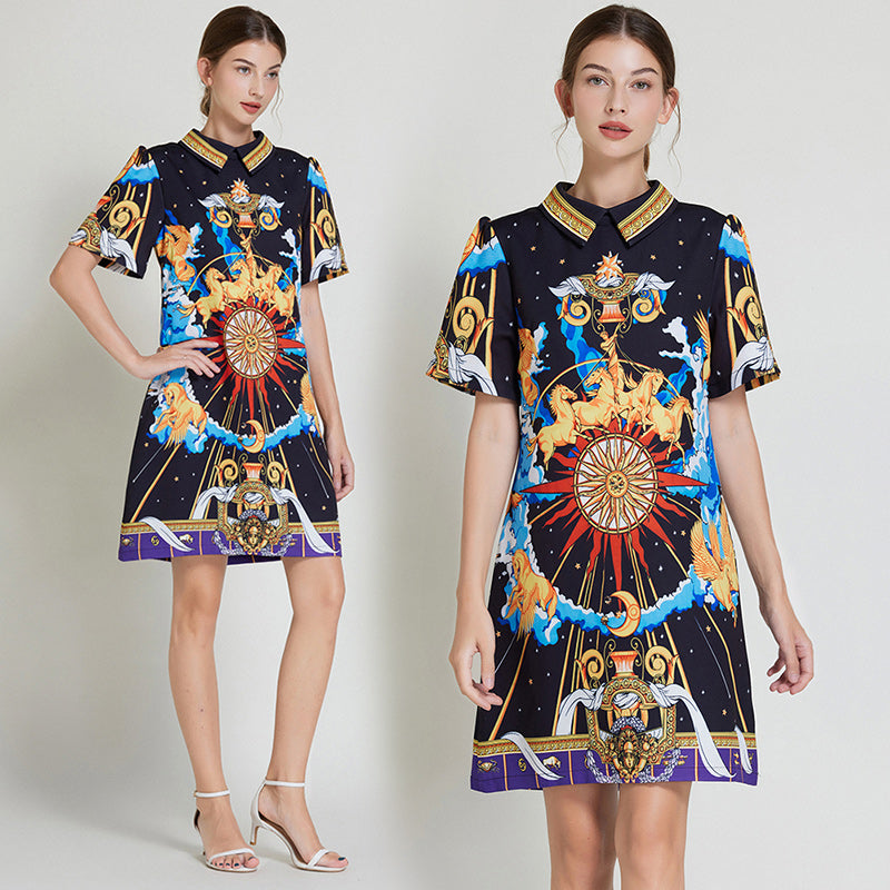 CM-DY010973 Women Elegant European Style Doll Collar Short Sleeve A-Line Slim Mini Dress
