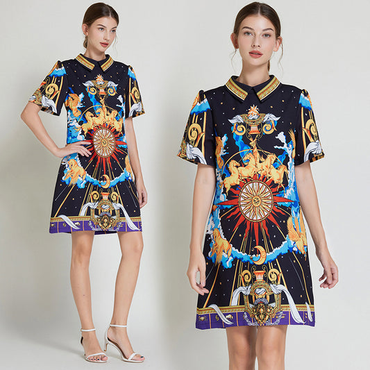 CM-DY010973 Women Elegant European Style Doll Collar Short Sleeve A-Line Slim Mini Dress