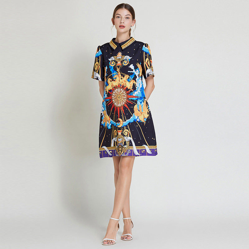 CM-DY010973 Women Elegant European Style Doll Collar Short Sleeve A-Line Slim Mini Dress