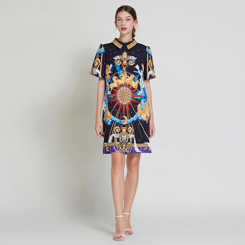 CM-DY010973 Women Elegant European Style Doll Collar Short Sleeve A-Line Slim Mini Dress