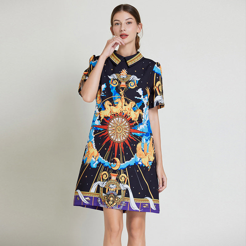 CM-DY010973 Women Elegant European Style Doll Collar Short Sleeve A-Line Slim Mini Dress