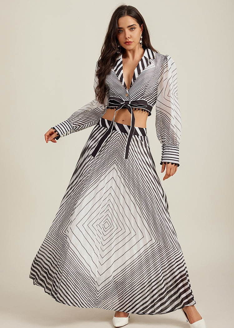 CM-SY010981 Women Elegant European Style Lapel Neckline Long Sleeve Crop Blouse With High Waist Long Skirt - Set