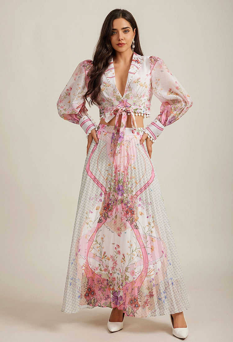 CM-SY010981 Women Elegant European Style Lapel Neckline Long Sleeve Crop Blouse With High Waist Long Skirt - Set