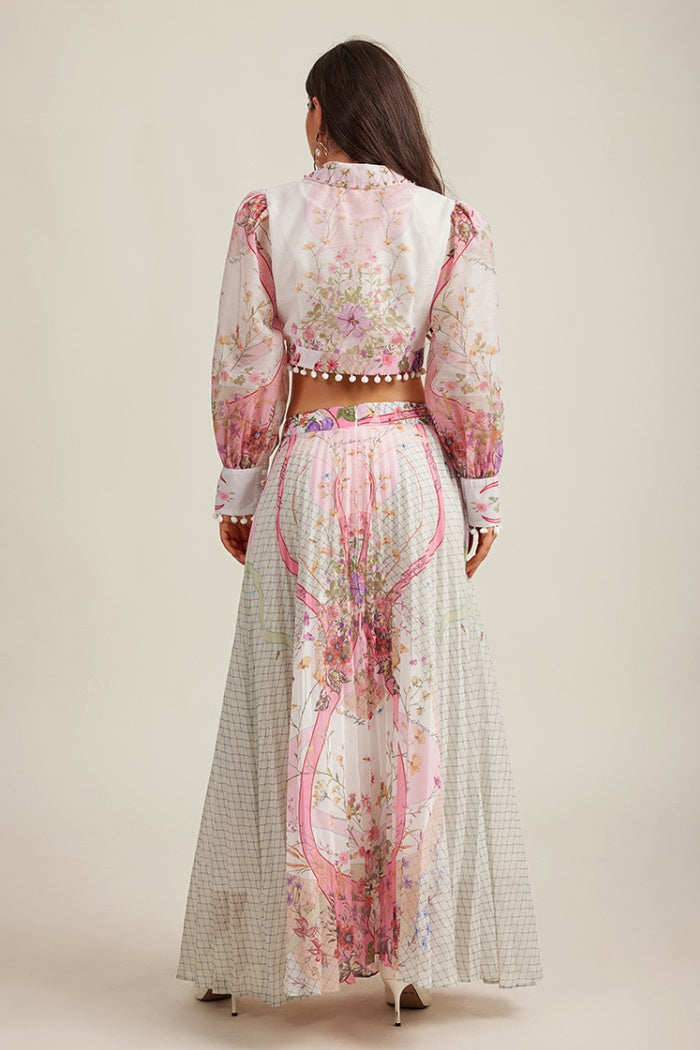 CM-SY010981 Women Elegant European Style Lapel Neckline Long Sleeve Crop Blouse With High Waist Long Skirt - Set