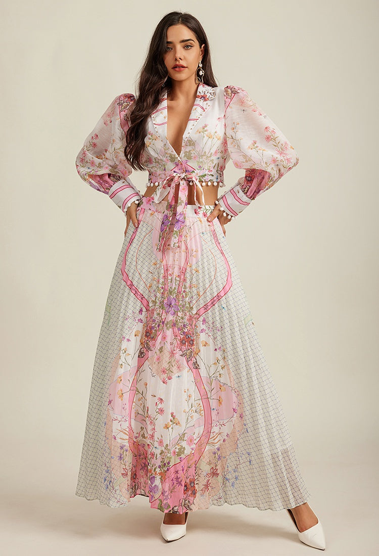 CM-SY010981 Women Elegant European Style Lapel Neckline Long Sleeve Crop Blouse With High Waist Long Skirt - Set