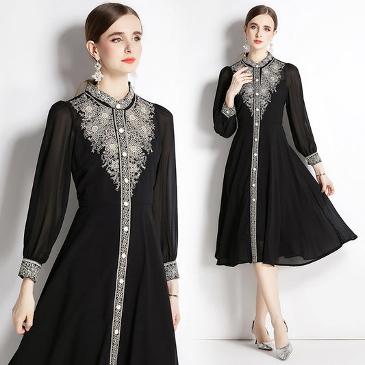 CM-DY010991 Women Elegant European Style Slim Long Sleeve Embroidered Dress - Black