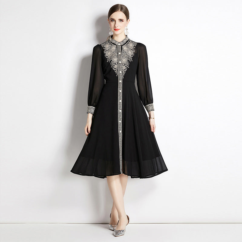 CM-DY010991 Women Elegant European Style Slim Long Sleeve Embroidered Dress - Black