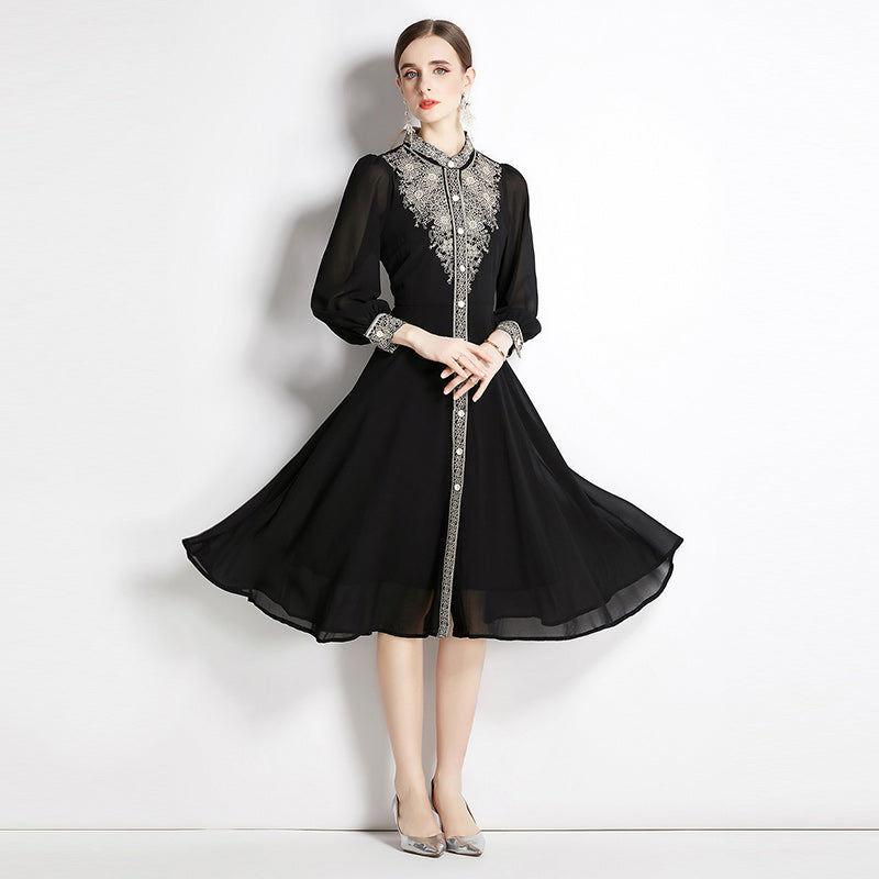CM-DY010991 Women Elegant European Style Slim Long Sleeve Embroidered Dress - Black