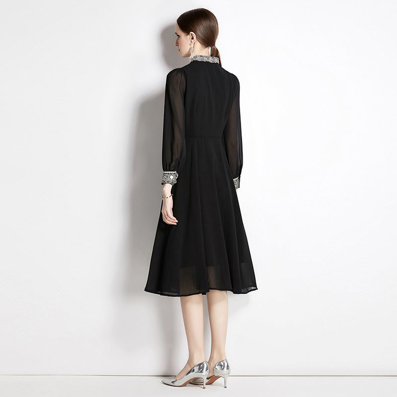 CM-DY010991 Women Elegant European Style Slim Long Sleeve Embroidered Dress - Black