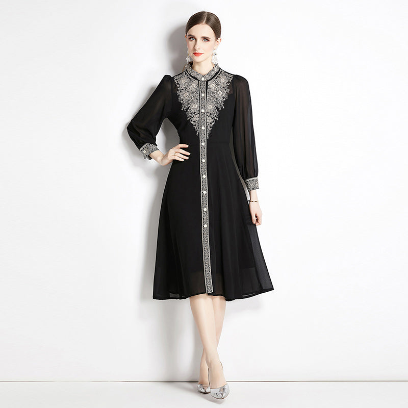 CM-DY010991 Women Elegant European Style Slim Long Sleeve Embroidered Dress - Black